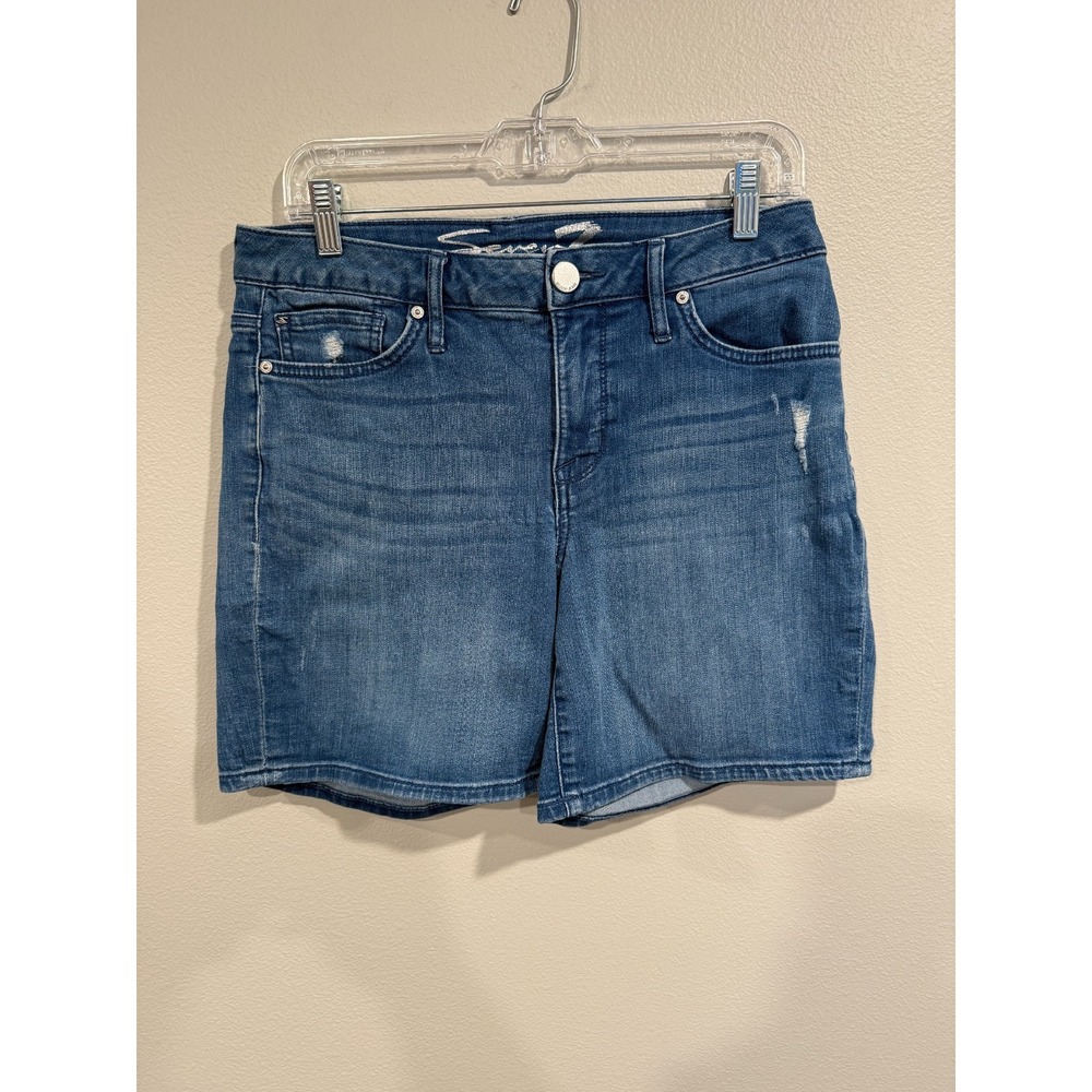 Seven7 Denim Shorts Women's Size 6 Blue Cotton‎ Distressed Mid-Rise Medium Wash